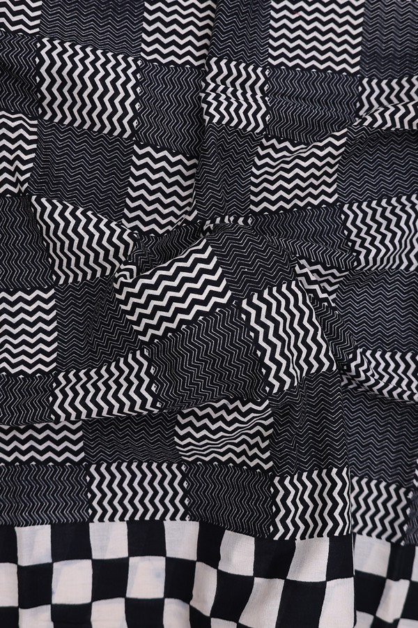 Printed Cotton Saree In Black With Geometric Design
