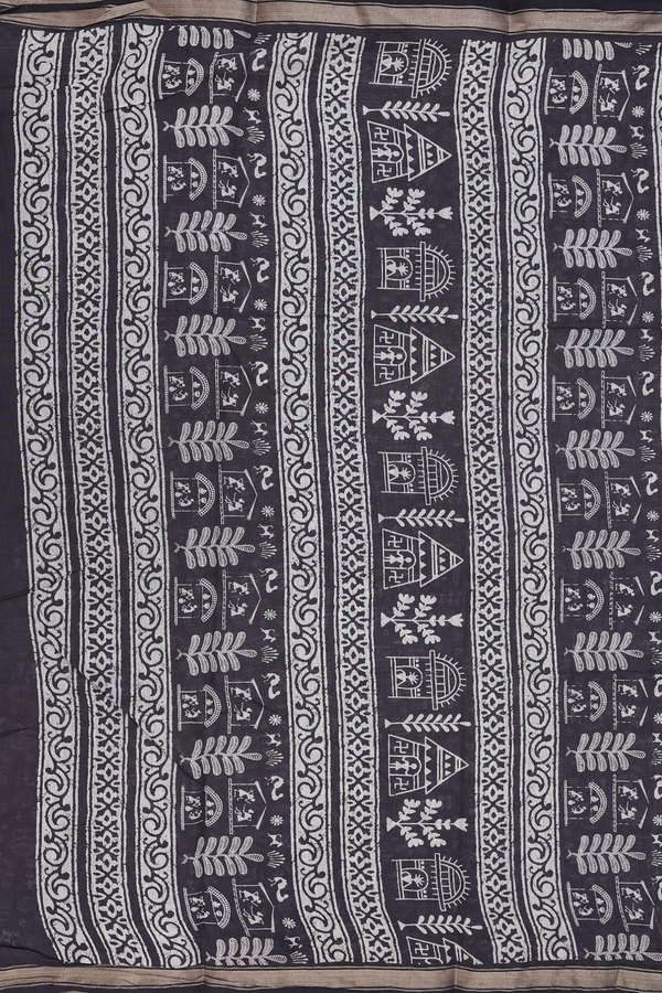 Printed Cotton Saree In Black With Warli Design