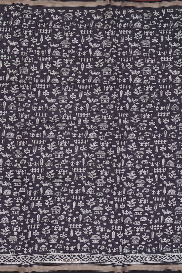 Printed Cotton Saree In Black With Warli Design