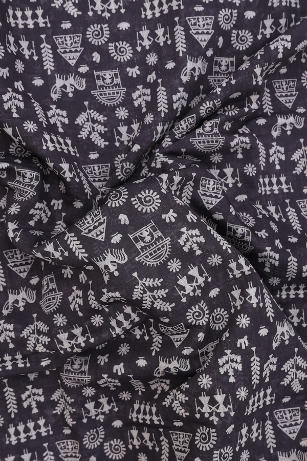 Printed Cotton Saree In Black With Warli Design