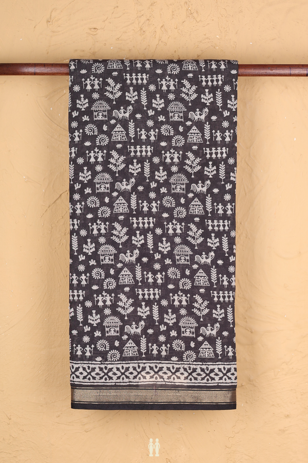 Printed Cotton Saree In Black With Warli Design