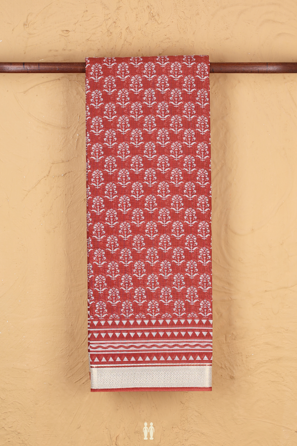 Printed Cotton Saree In Brown With Floral Printed Design