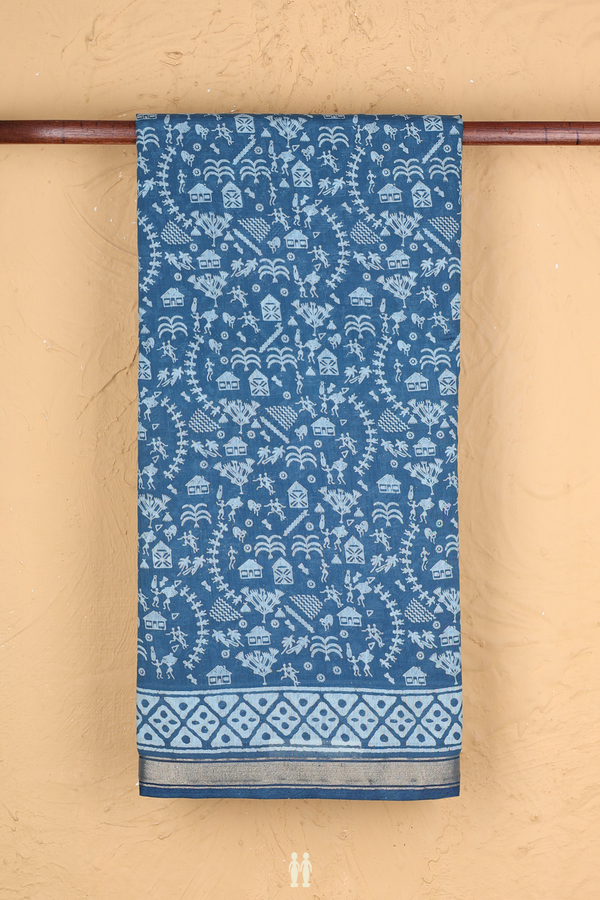 Printed Cotton Saree In Capri Blue With Warli Design