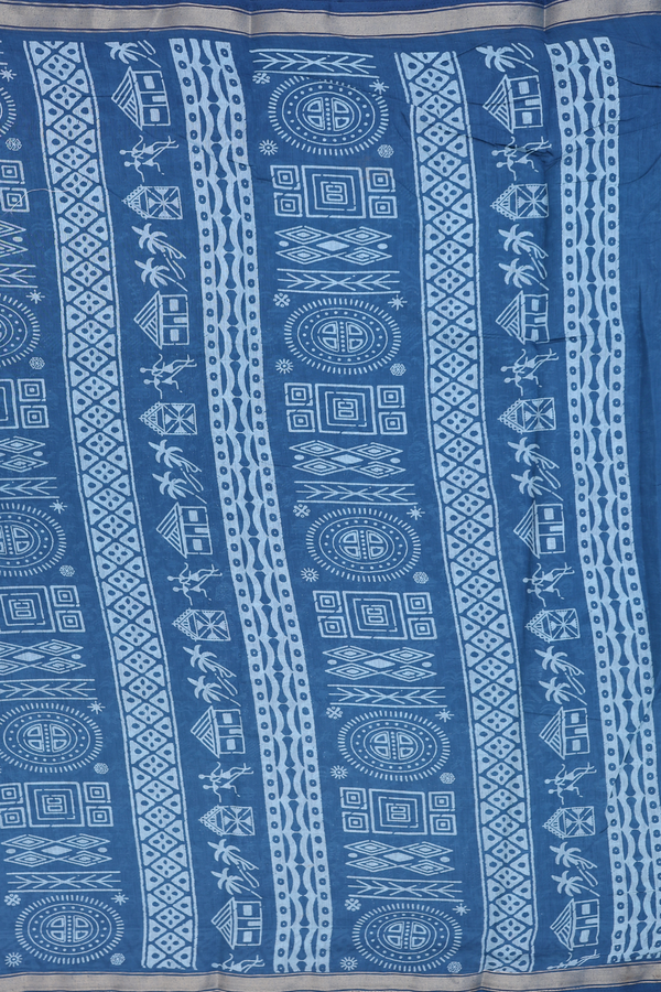 Printed Cotton Saree In Capri Blue With Warli Design