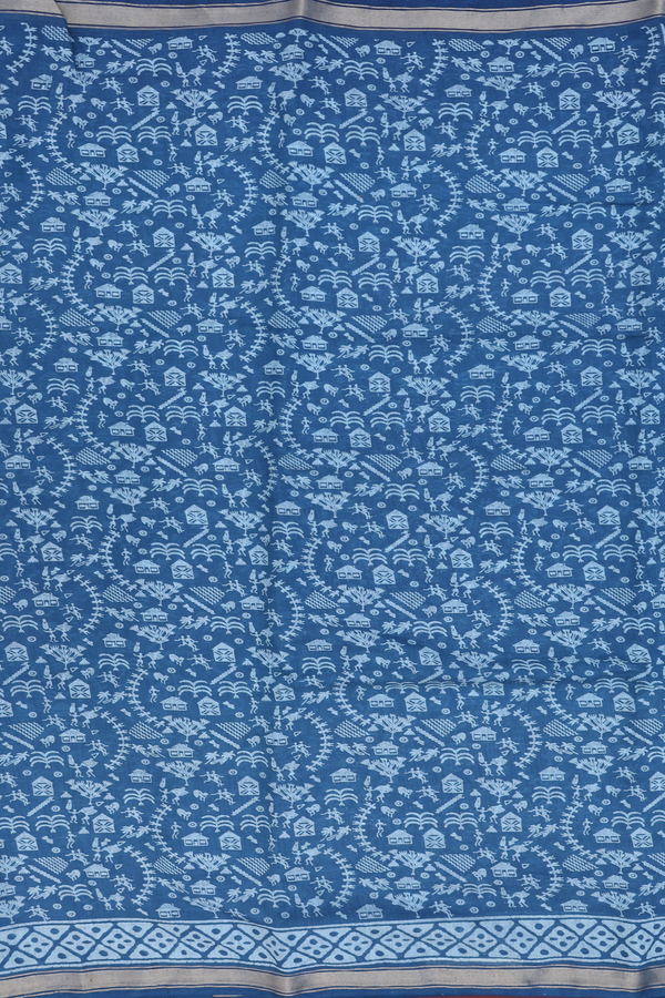 Printed Cotton Saree In Capri Blue With Warli Design
