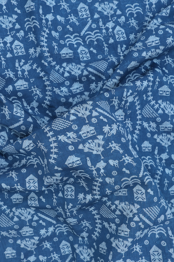 Printed Cotton Saree In Capri Blue With Warli Design