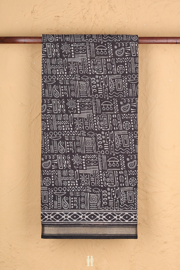 Printed Cotton Saree In Charcoal Grey With Allover Design