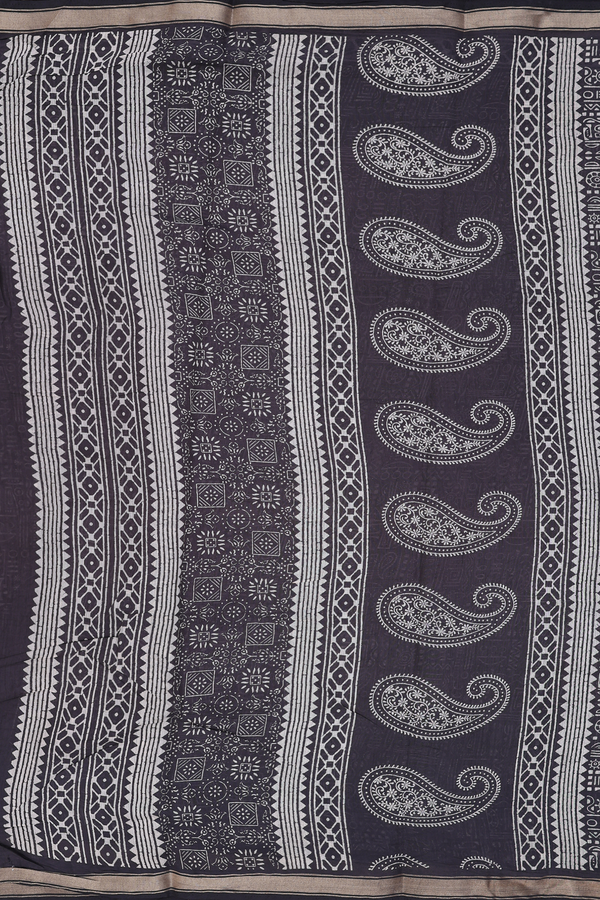 Printed Cotton Saree In Charcoal Grey With Allover Design