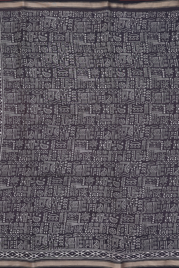 Printed Cotton Saree In Charcoal Grey With Allover Design