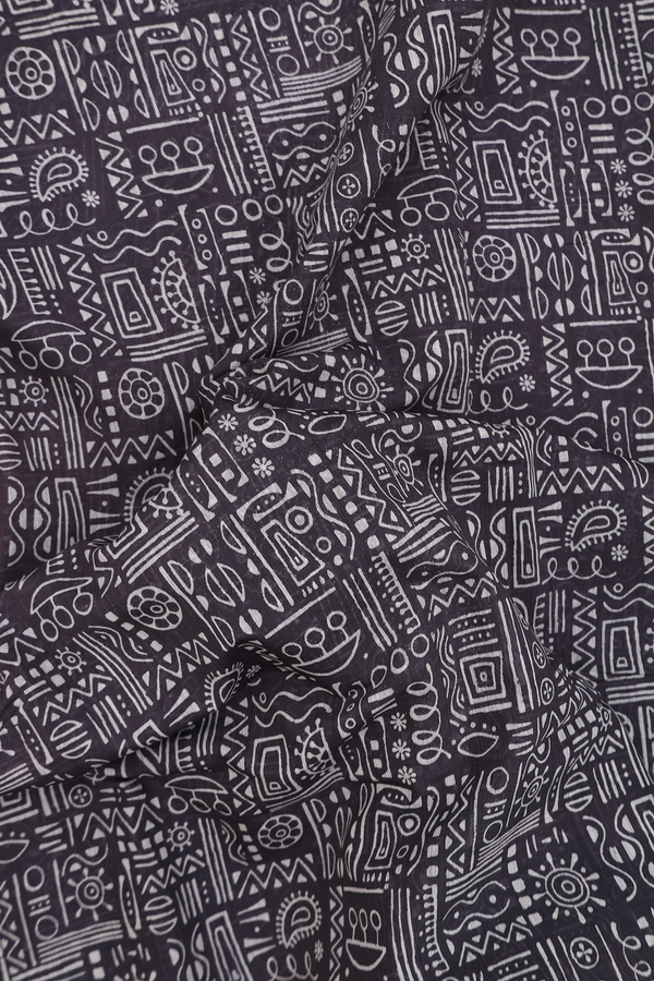 Printed Cotton Saree In Charcoal Grey With Allover Design