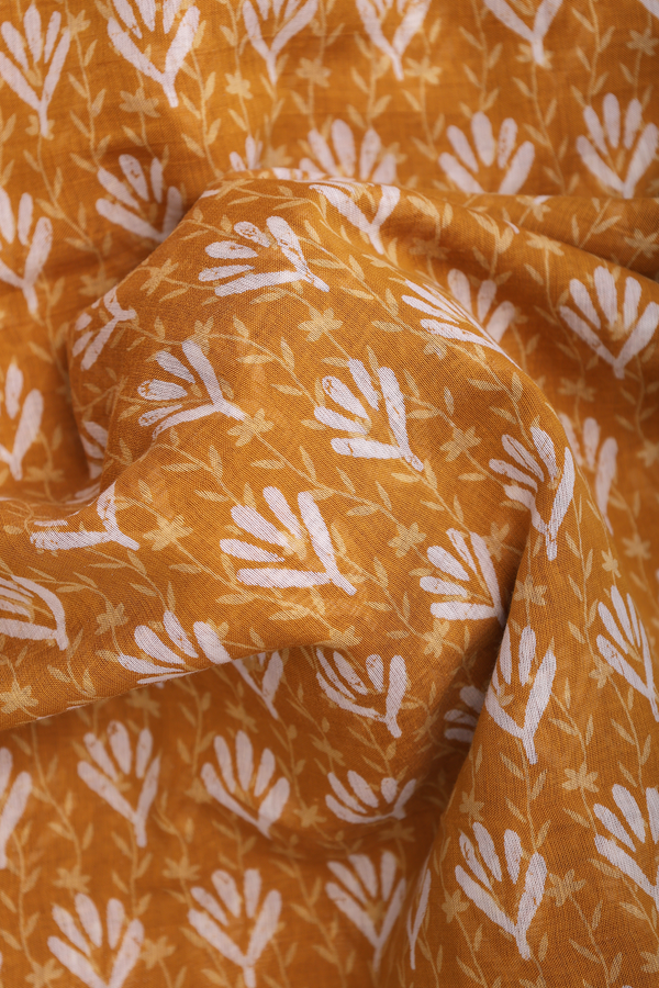 Printed Cotton Saree In Golden Yellow With Allover Design