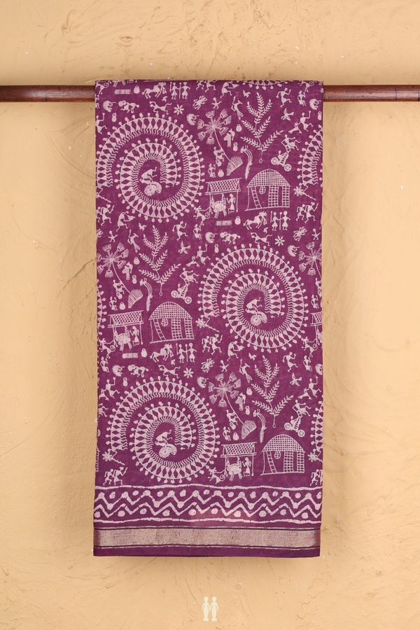 Printed Cotton Saree In Grape Purple With Warli Design