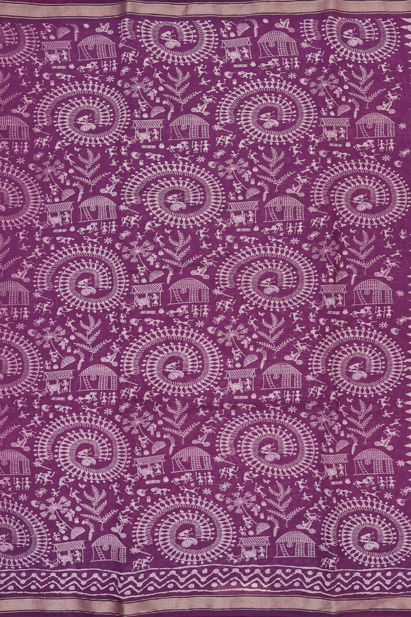 Printed Cotton Saree In Grape Purple With Warli Design