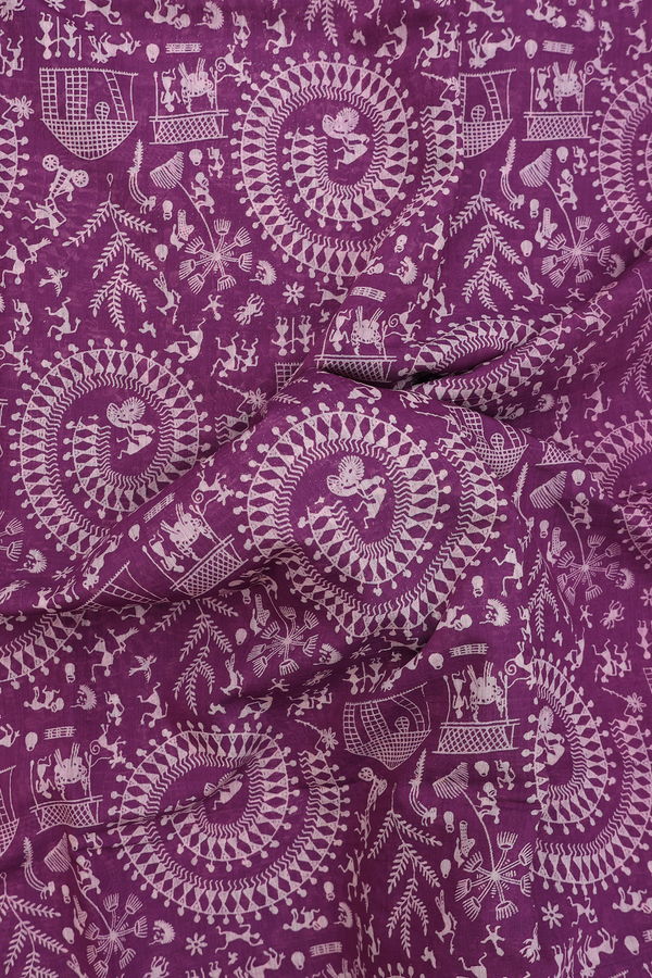 Printed Cotton Saree In Grape Purple With Warli Design