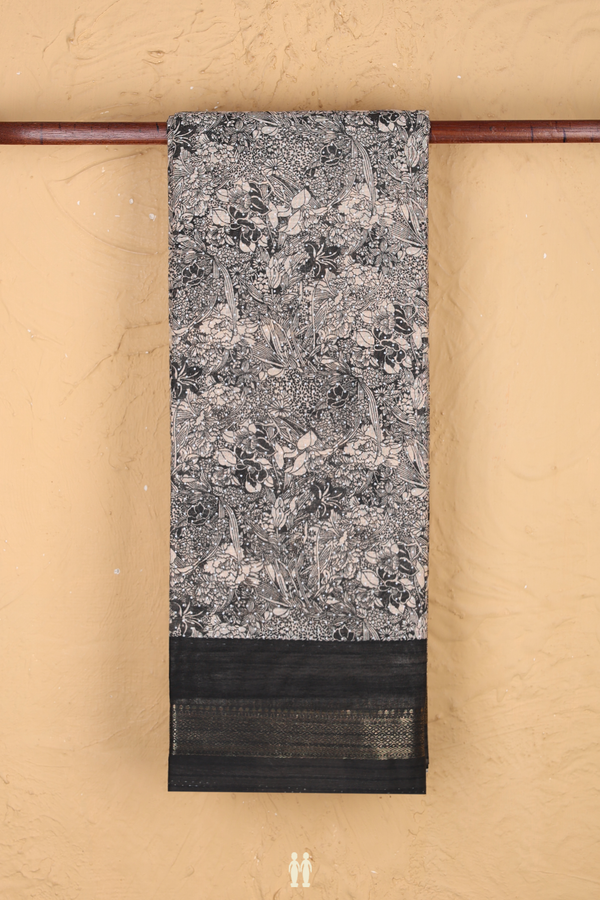 Printed Cotton Saree In Ivory And Black With Floral Design