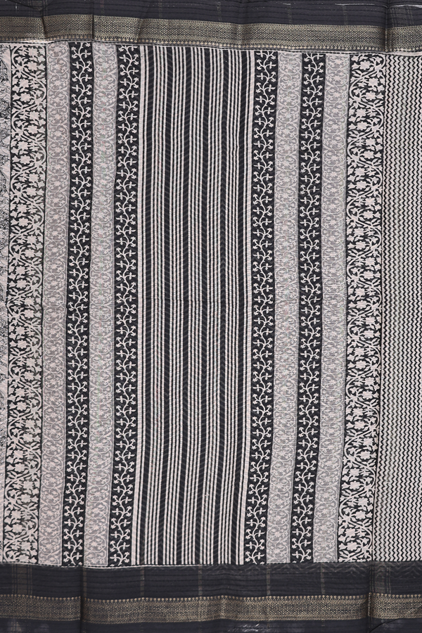 Printed Cotton Saree In Ivory And Black With Floral Design