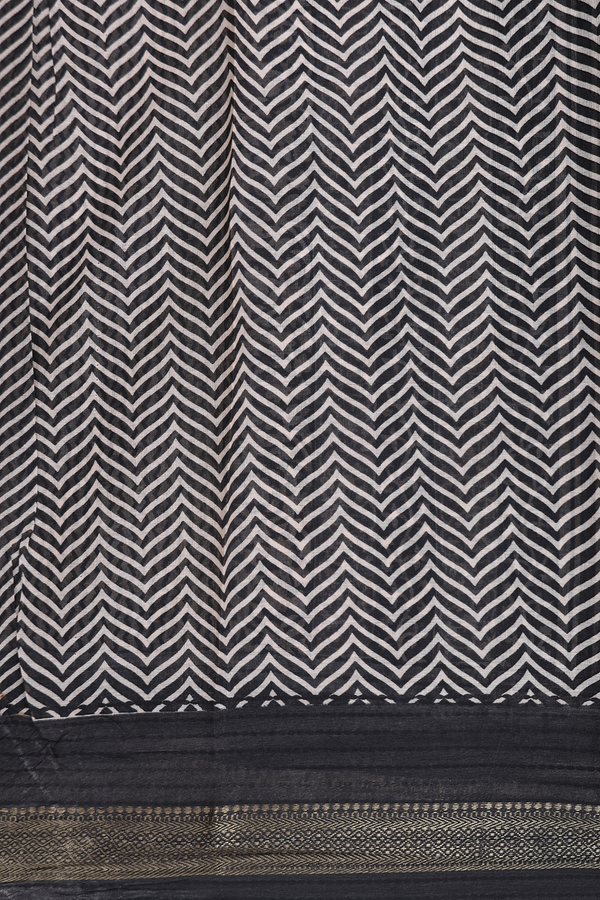 Printed Cotton Saree In Ivory And Black With Floral Design