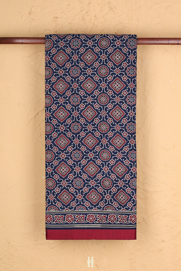 Printed Cotton Saree In Navy Blue With Ajrakh Design