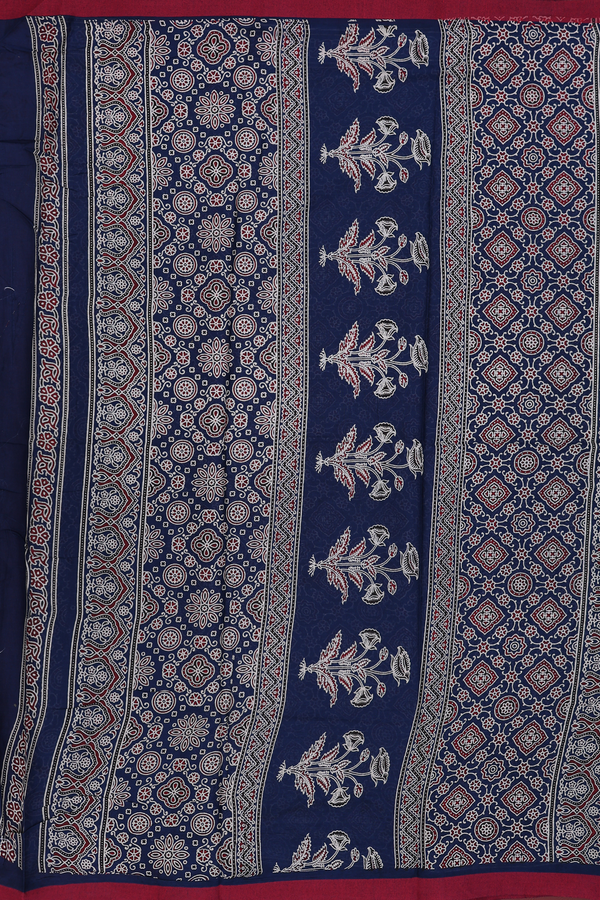 Printed Cotton Saree In Navy Blue With Ajrakh Design