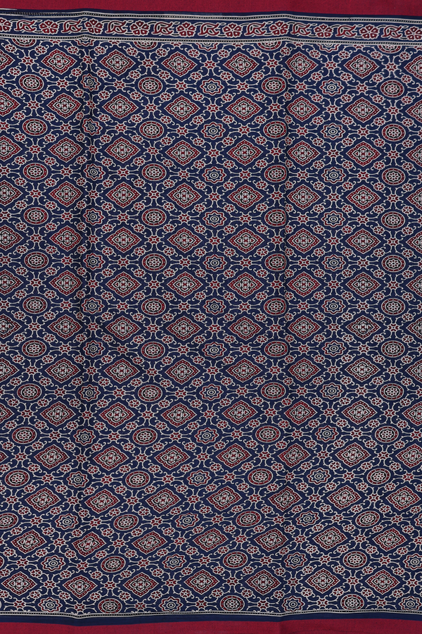 Printed Cotton Saree In Navy Blue With Ajrakh Design