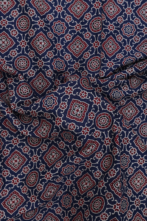 Printed Cotton Saree In Navy Blue With Ajrakh Design