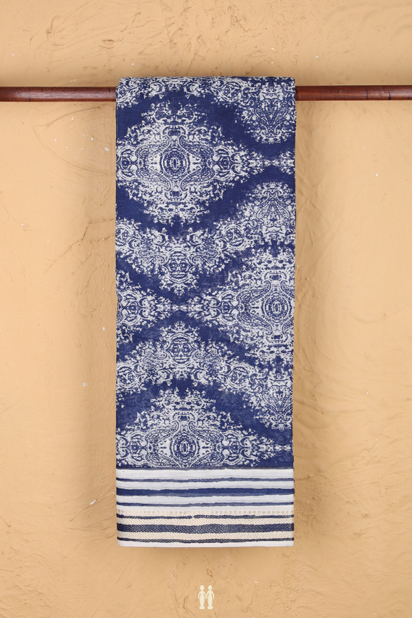 Printed Cotton Saree In Oxford Blue With Allover Design