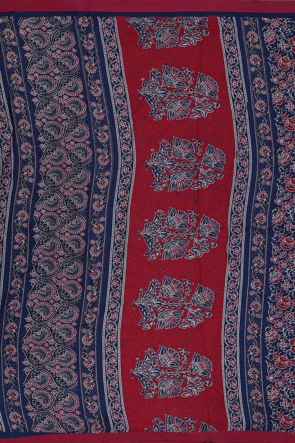 Printed Cotton Saree In Oxford Blue With Floral Design