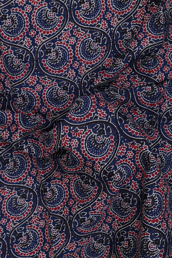Printed Cotton Saree In Oxford Blue With Floral Design