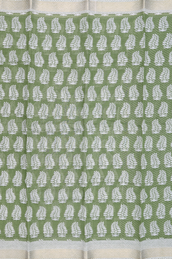 Printed Cotton Saree In Pear Green With Allover Design