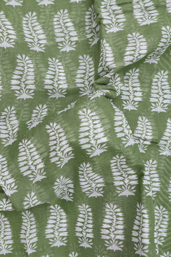 Printed Cotton Saree In Pear Green With Allover Design