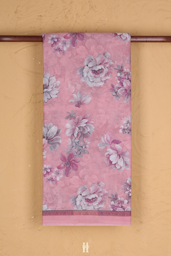 Printed Cotton Saree In Duty Rose With Floral Design