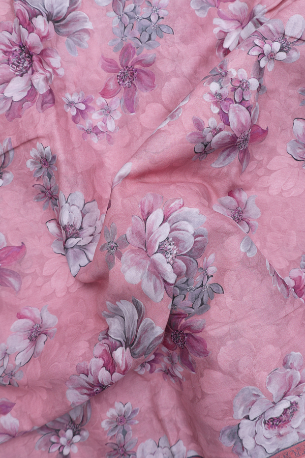 Printed Cotton Saree In Duty Rose With Floral Design
