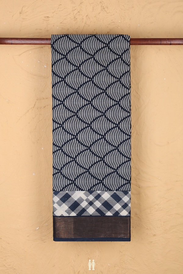 Printed Cotton Saree In Prussian Blue With Allover Design