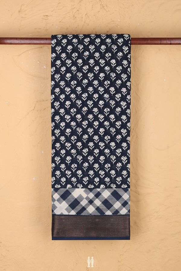 Printed Cotton Saree In Prussian Blue With Floral Design