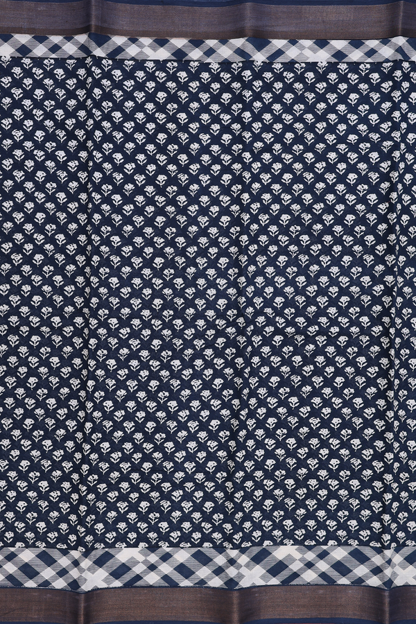 Printed Cotton Saree In Prussian Blue With Floral Design
