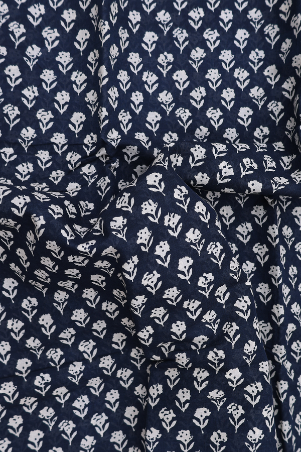 Printed Cotton Saree In Prussian Blue With Floral Design