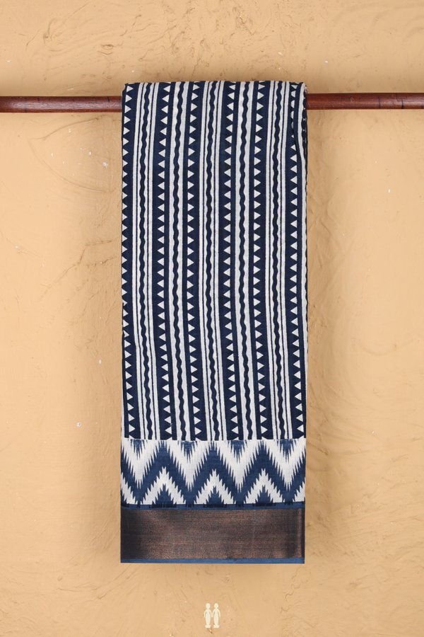 Printed Cotton Saree In Prussian Blue With Stripes Design