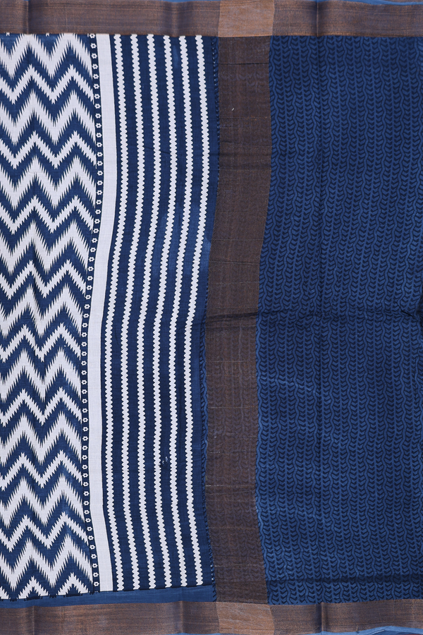 Printed Cotton Saree In Prussian Blue With Stripes Design