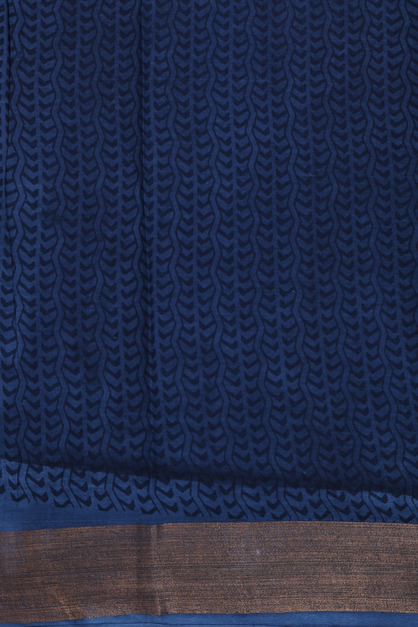 Printed Cotton Saree In Prussian Blue With Stripes Design