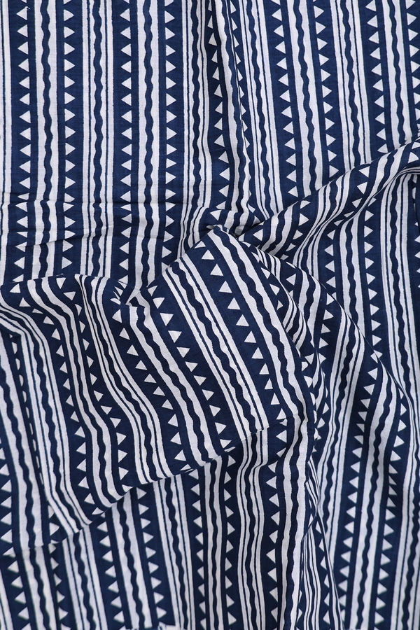 Printed Cotton Saree In Prussian Blue With Stripes Design
