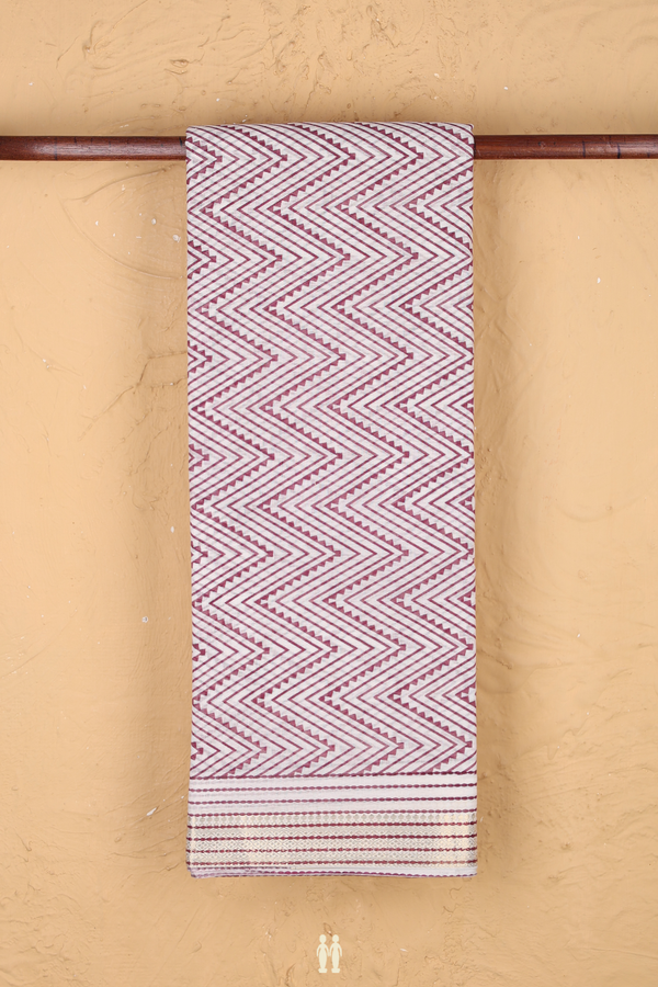 Printed Cotton Saree In Pink And White With Chevron Design