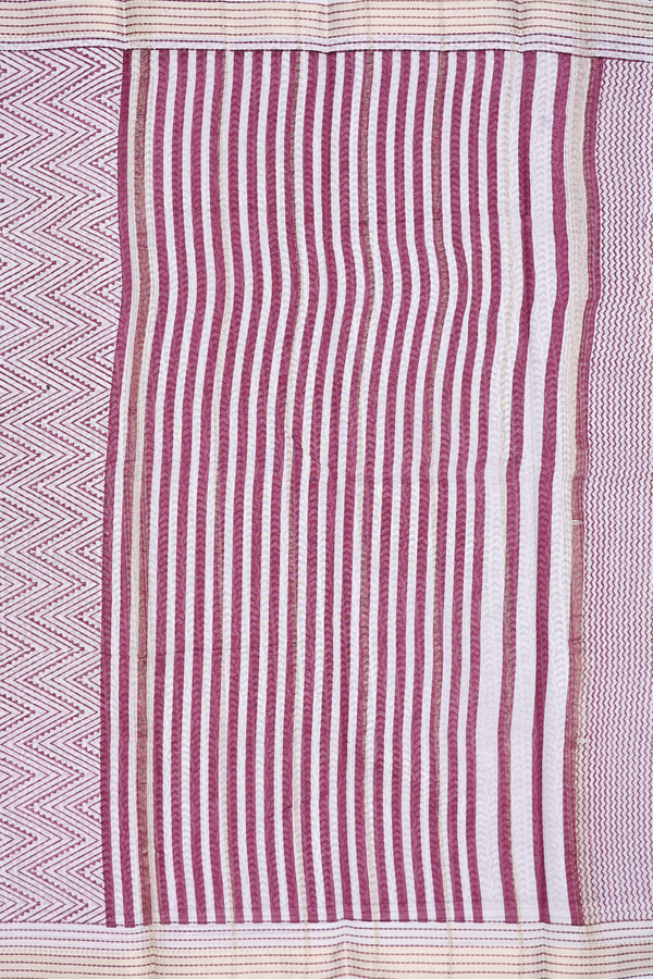 Printed Cotton Saree In Pink And White With Chevron Design