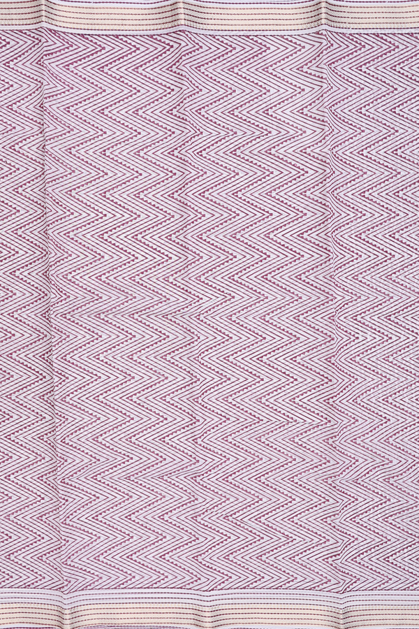 Printed Cotton Saree In Pink And White With Chevron Design