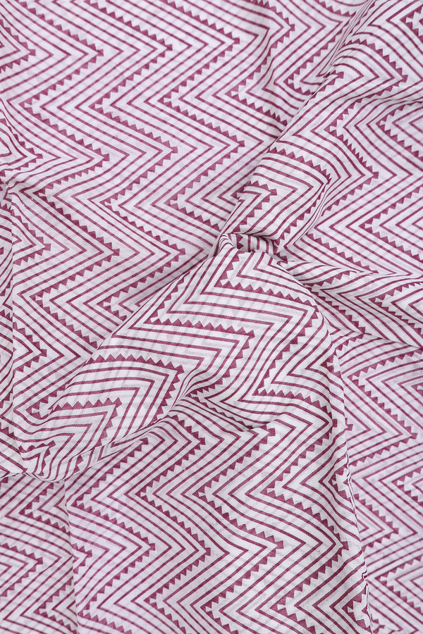 Printed Cotton Saree In Pink And White With Chevron Design
