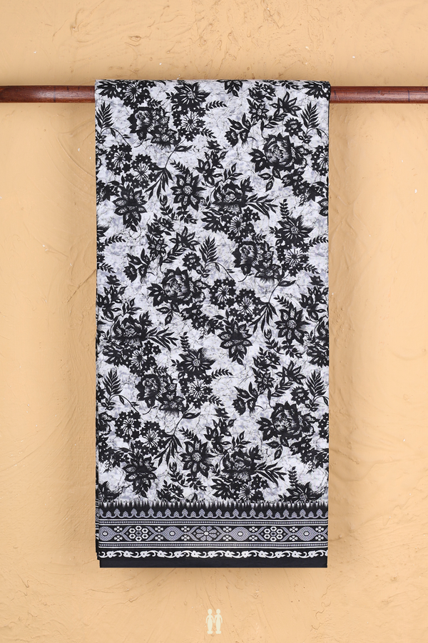 Printed Cotton Saree In White With Floral Design