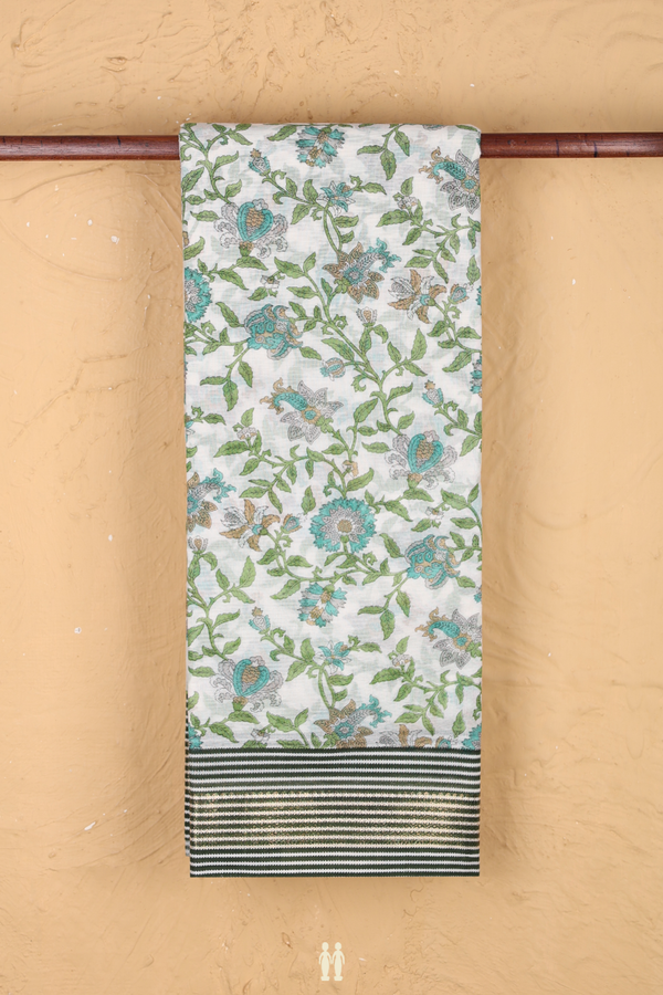 Printed Cotton Saree In White With Floral Design