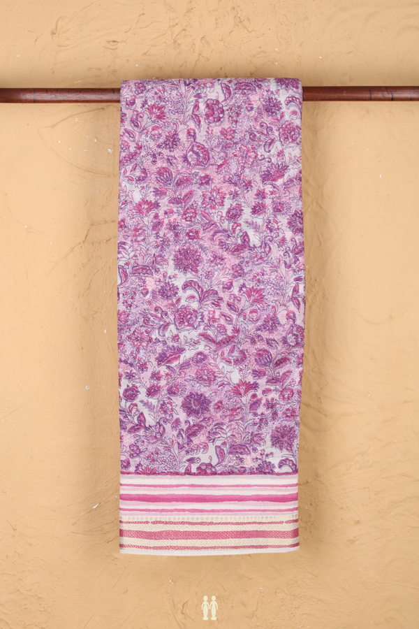 Printed Cotton Saree In White With Floral Design