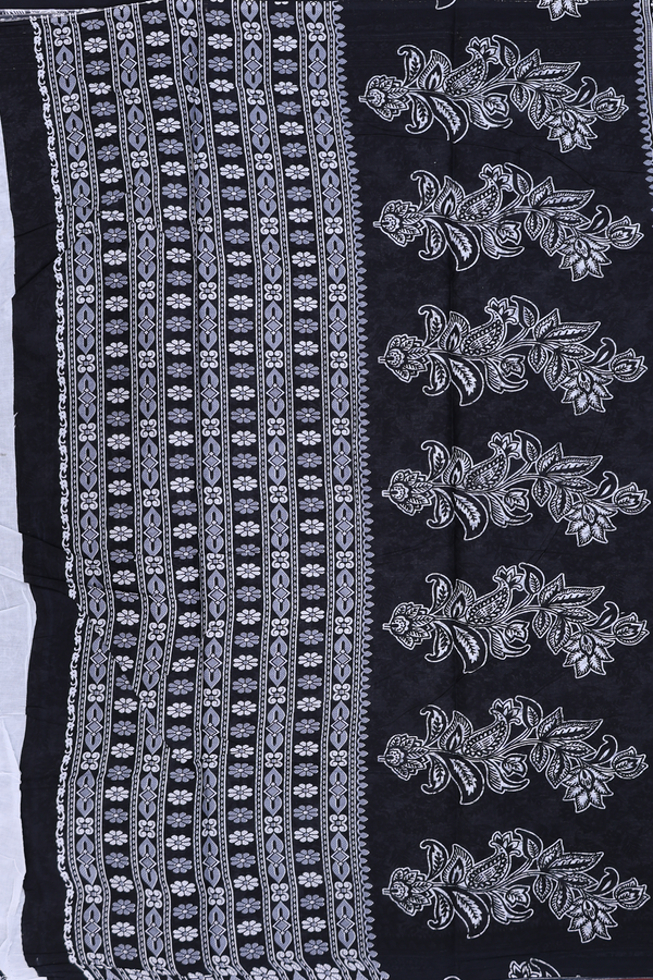 Printed Cotton Saree In White With Floral Design