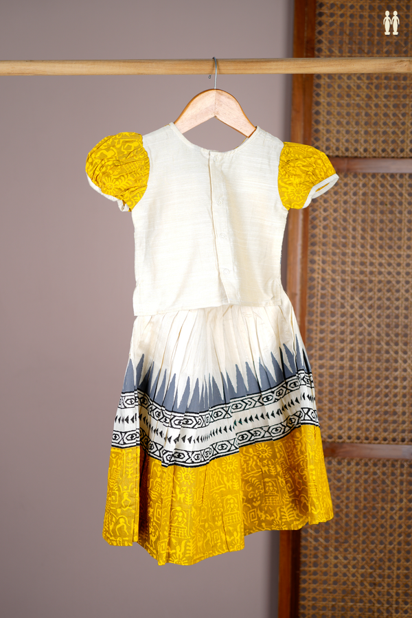 Printed Design White And Yellow Readymade Pavadai Sattai