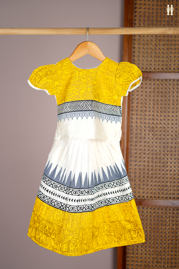 Printed Design White And Yellow Readymade Pavadai Sattai